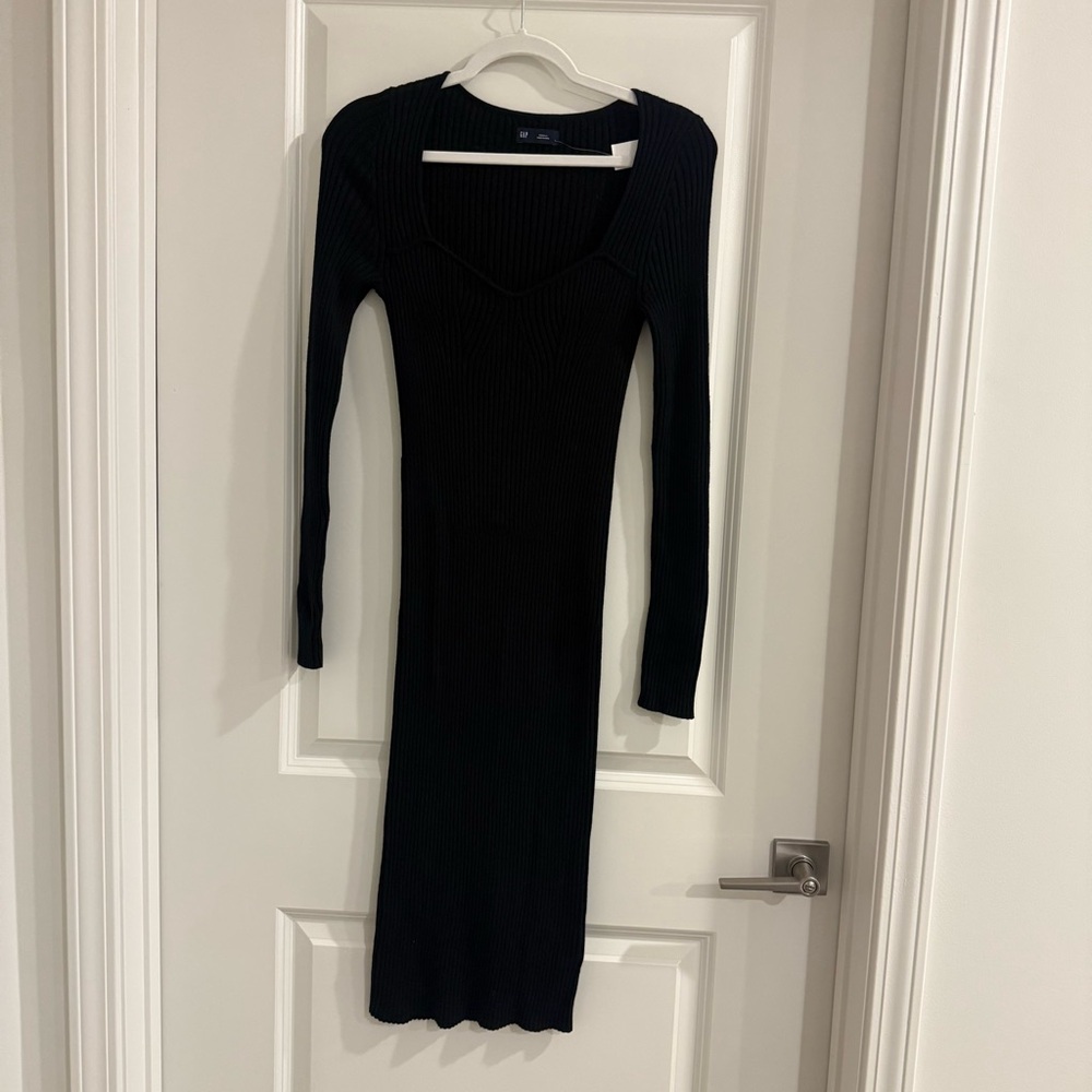 GAP Sweetheart Rib Midi Sweater Dress- Black Long Sleeve NWT